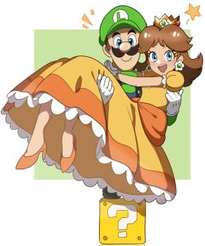 1boy 1girl ?_block arms_around_neck blue_eyes blue_overalls brown_hair carrying carrying_person couple crown dress earrings facial_hair flower_earrings full_body gloves green_hat green_shirt happy hat high_heels highres jewelry long_sleeves looking_at_viewer luigi mario_(series) muis0802 mustache nintendo open_mouth orange_dress overalls princess princess_daisy puffy_short_sleeves puffy_sleeves shirt shoes short_hair short_sleeves smile standing_on_object star_(symbol) white_gloves