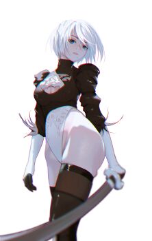 1girl 2b_(nier:automata) absurdres black_boots black_gloves black_thighhighs blue_eyes boots chromatic_aberration cleavage_cutout clothing_cutout commentary feather-trimmed_sleeves gloves hair_between_eyes highleg highleg_leotard highres holding holding_sword holding_weapon juliet_sleeves katana leotard long_sleeves looking_at_viewer mole mole_under_mouth nier:automata nier_(series) no_blindfold parted_lips puffy_sleeves short_hair simple_background skindentation solo sword thigh_boots thighhighs virtuous_contract weapon white_background white_hair white_leotard ynnk_lc