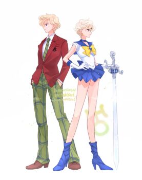 2girls bishoujo_senshi_sailor_moon blonde_hair blue_boots blue_choker blue_sailor_collar blue_skirt boots bow bowtie brown_shoes choker commentary dated_commentary dual_persona elbow_gloves gloves green_necktie green_pants hands_in_pockets high_heel_boots high_heels highres jacket looking_to_the_side magical_girl miniskirt mugen_gakuen_school_uniform multiple_girls namisonpictures necktie pants plaid_clothes plaid_pants planted planted_sword planted_weapon red_jacket sailor_collar sailor_senshi sailor_senshi_uniform sailor_uranus school_uniform shirt shoes short_hair simple_background skirt space_sword standing sword ten'ou_haruka uranus_symbol weapon white_background white_gloves white_shirt yellow_bow yellow_bowtie