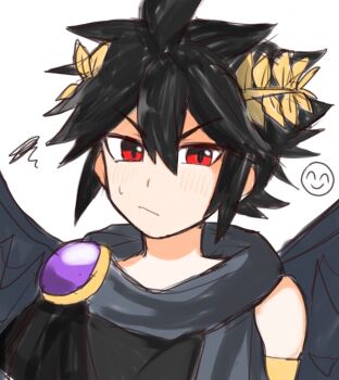 Rule 34 | 1boy, angel, angel wings, black scarf, dark pit, highres, kid icarus, kid icarus uprising, laurel crown, light blush, looking at viewer, male focus, nintendo, pometa25, red eyes, scarf, sketch, smiley face, squiggle, sweat, upper body, wings