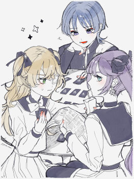 1boy 2girls alternate_costume aqua_eyes black_bow black_pantyhose black_sailor_collar black_sleeves blonde_hair blouse blue_hair blunt_ends bow bowtie bright_pupils card closed_mouth contemporary crossed_bangs drinking drinking_straw earrings eyelashes eyeliner eyepatch eyeshadow fischl_(genshin_impact) gakuran genius_invokation_tcg genshin_impact gnsn_tera green_eyes grey_eyes hair_between_eyes hair_bow hand_up head_rest highres holding holding_card holding_carton holding_newspaper jewelry layered_sleeves long_hair looking_at_another looking_at_viewer lower_teeth_only makeup medical_eyepatch mona_(genshin_impact) multiple_girls newspaper open_mouth pantyhose pleated_skirt purple_hair red_eyeliner red_eyeshadow sailor_collar scaramouche_(genshin_impact) school_uniform shirt sitting skirt star_(symbol) star_earrings sweatdrop table teeth twintails twitter_username two_side_up white_background white_pupils white_skirt white_sleeves