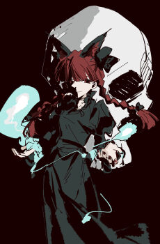 1girl absurdres aibivy animal_ears black_background black_shirt black_skirt blunt_bangs braid cat_ears cat_girl closed_mouth extra_ears highres hitodama kaenbyou_rin long_hair long_skirt looking_at_viewer shirt side_braids simple_background skirt skull solo touhou twin_braids