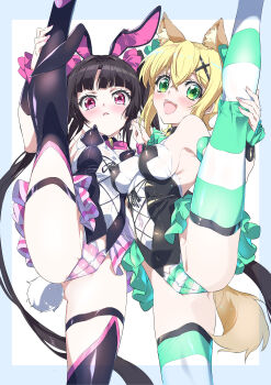 2girls absurdres akatsuki_kirika animal_ears black_hair black_thighhighs blonde_hair blunt_bangs breasts cameltoe covered_navel dog_ears dog_tail fake_animal_ears fake_tail flexible frilled_leotard frills green_eyes green_thighhighs hair_ornament highres impossible_clothes impossible_leotard leg_hold leg_lift leg_up leotard long_hair medium_breasts multiple_girls niko_(tama) pink_eyes pussy_juice rabbit_ears rabbit_tail senki_zesshou_symphogear shiny_skin short_hair skin_tight small_breasts split spread_legs standing standing_on_one_leg standing_split striped_clothes striped_thighhighs tail thighhighs tsukuyomi_shirabe twintails x_hair_ornament