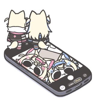 2girls :3 absurdres animal_ear_fluff animal_ears bandaid bandaid_hair_ornament belt blonde_hair blue_hair blue_hairband cellphone chibi chibi_only dog_ears dog_girl dog_tail fake_horns figures_taking_selfie_(meme) fuwawa_abyssgard hair_ornament hairband hashtag-only_commentary highres holoadvent hololive hololive_english horn_hairband horns long_hair meme mini_person miyaoo1224 mococo_abyssgard multicolored_hair multiple_girls phone pink_belt pink_hair pink_hairband selfie siblings sisters smartphone standing_on_object streaked_hair tail twins user_interface viewfinder virtual_youtuber white_background x_hair_ornament
