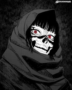 1other ambiguous_gender commentary exposed_bone greyscale hatching_(texture) highres hood instagram_username mismatched_pupils monochrome original other_focus portrait red_eyes seveninks solo spot_color symbol-shaped_pupils x-shaped_pupils