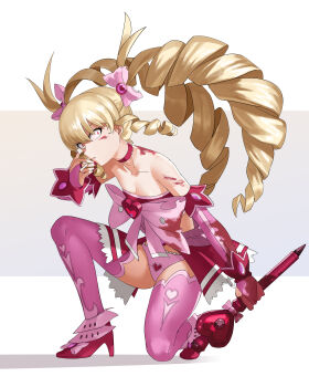 1girl absurdres bare_shoulders blood blood_on_face blood_on_shoulder bow bridal_gauntlets chinese_commentary choker cigarette commentary_request constricted_pupils drill_hair drill_sidelocks flat_chest hair_bow heart high_heels highres holding holding_cigarette holding_scepter long_hair looking_at_viewer machigatta_ko_wo_mahou_shoujo_ni_shite_shimatta magical_girl majiba_kayo nanaya777 panties pink_background pink_bow pink_bridal_gauntlets pink_choker pink_panties pink_theme red_nails scepter sidelocks smoking solo standing standing_on_one_leg torn_bow twin_drills underwear