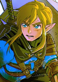 1boy armor artist_name black_cloak blonde_hair blue_eyes blue_tunic chainmail champion&#039;s_tunic_(zelda) cloak commentary dirty dirty_face earrings facial_scar furrowed_brow hair_between_eyes hashtag-only_commentary highres hood hood_down hooded_cloak jewelry leather_armor link male_focus master_sword medium_hair mouyi nintendo parted_lips pointy_ears sample_watermark scar scar_on_cheek scar_on_face shield shield_on_back sidelocks single_shoulder_pad solo sparkle sweatdrop sword sword_on_back the_legend_of_zelda the_legend_of_zelda:_tears_of_the_kingdom tunic upper_body vambraces watermark weapon weapon_on_back