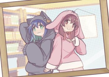 Rule 34 | 2girls, :3, absurdres, animal hood, aqua hair, arm behind head, arm up, black pajamas, blue hair, bookshelf, brown eyes, brown hair, c:, cat hood, colored inner hair, commentary, dot nose, green eyes, hair between eyes, hand on own chest, highres, hood, hood up, hooded pajamas, indoors, long sleeves, looking at viewer, multicolored hair, multiple girls, murosaki miyo, onii-chan wa oshimai!, pajamas, photo (object), pink pajamas, rabbit hood, red hair, smile, tenkawa nayuta, tsubatya, two-tone hair