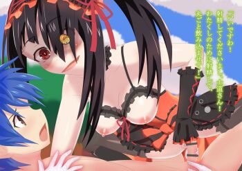 1boy 1girl bar_censor blue_hair bra breasts censored clock_eyes cloud cowgirl_position cupless_bra date_a_live day functionally_nude gesugao girl_on_top hair_over_one_eye hairband hanging_breasts heterochromia imminent_penetration itsuka_shido lolita_hairband long_hair medium_breasts nipples no_panties nude penis rayos red_eyes sex squatting straddling symbol-shaped_pupils thighhighs tokisaki_kurumi twintails underwear vaginal