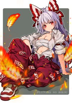 .sin 1girl absurdres arm_support breasts chest_sarashi cleavage expressionless feathers fire fujiwara_no_mokou highres large_breasts long_hair navel ofuda ofuda_on_clothes ofuda_on_head open_clothes open_shirt pants red_eyes red_pants sarashi shirt shoes sitting sneakers solo touhou unbuttoned very_long_hair white_hair white_shirt
