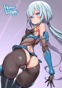 Rule 34 | 1girl, artist name, ass, ass cutout, black bodysuit, black gloves, black panties, blue eyes, blue hair, bodysuit, breasts, c-string, closed mouth, clothing cutout, commentary request, covered erect nipples, cowboy shot, crotch cutout, dutch angle, frame arms girl, from behind, gloves, highres, leaning forward, long hair, looking at viewer, looking back, low ponytail, mechanical arms, panties, partial commentary, ponytail, puddinghomhom, signature, small breasts, smile, solo, standing, strapless bottom, stylet, thighs, underwear, very long hair