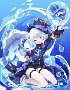 Rule 34 | 1girl, :d, ahoge, arm up, ascot, asymmetrical gloves, azuma yuki, black gloves, black shorts, blue ascot, blue bow, blue eyes, blue footwear, blue gem, blue hair, blue hat, blue jacket, bow, bubble, commentary request, drop-shaped pupils, full body, furina (genshin impact), gem, genshin impact, gentilhomme usher, gloves, hat, hat bow, heterochromia, highres, hydrokinesis, jacket, kneeling, ouji fashion, light blue hair, lolita fashion, long sleeves, looking at viewer, mademoiselle crabaletta, mismatched gloves, multicolored hair, open mouth, shorts, signature, smile, streaked hair, surintendante chevalmarin, symbol-shaped pupils, thigh strap, top hat, vision (genshin impact), water, white gloves, white hair