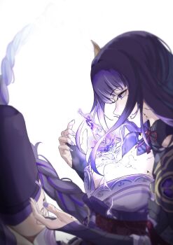 1girl arm_up armor blurry blurry_background blurry_foreground braid breasts bridal_gauntlets bw-sheep cleavage close-up clothing_cutout commentary_request cracked_skin depth_of_field electricity empty_eyes floating floating_hair flower from_side genshin_impact glowing hair_floating_upwards hair_ornament holding japanese_clothes kimono large_breasts leaning_back long_braid looking_up mitsudomoe_(shape) multicolored_hair musou_isshin_(genshin_impact) neck_ribbon off_shoulder parted_lips powering_up purple_eyes purple_flower purple_hair purple_kimono purple_nails purple_thighhighs raiden_shogun reaching red_ribbon red_sash ribbon sash shade shoulder_armor shoulder_cutout simple_background single_braid solo streaked_hair sword teeth thighhighs thighs tomoe_(symbol) weapon white_background