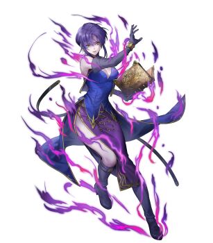 1girl attack aura bare_shoulders blue_hair book boots breasts cleavage dark_aura elbow_gloves fire_emblem fire_emblem:_the_blazing_blade fire_emblem_heroes gloves glowing glowing_eyes highres holding holding_book medium_breasts nintendo non-web_source official_alternate_eye_color official_art purple_boots purple_gloves red_eyes shaded_face short_hair short_hair_with_long_locks side_slit solo undead ursula_(fire_emblem)