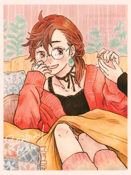 Rule 34 | 1boy, 1girl, ayase momo, black choker, black shirt, borrowed accessory, brown eyes, brown hair, cardigan, choker, commentary, dandadan, dated, glasses, hair between eyes, highres, holding hands, jewelry, medium hair, open mouth, pink socks, red cardigan, ribbon choker, ring, round eyewear, shared clothes, shirt, sitting, smile, socks, solo, untranslatable commentary, takakura ken (dandadan), twitter username, under covers, zisshitu0kcal