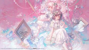 1girl 1other absurdres akiyama_mizuki bob_cut bow broken_mirror brown_eyes brown_hair bug butterfly butterfly_on_hand choker closed_mouth commentary_request company_name copyright_name dress earrings floral_print flower frilled_socks frills full_body hair_flower hair_ornament highres insect jewelry leaf_hair_ornament looking_at_viewer maccha_(mochancc) medium_hair mirror open_mouth picture_frame pink_bow pink_eyes pink_flower pink_hair pink_ribbon project_sekai puffy_short_sleeves puffy_sleeves ribbon ripples sekai_symphony shinonome_ena shoes short_sleeves sitting socks string_of_pearls water white_choker white_dress white_shoes