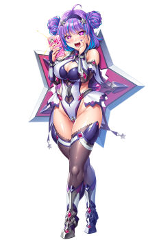 1girl adapted_costume bare_shoulders blush boots breasts cameltoe cellphone cleavage cleavage_cutout clothing_cutout covered_erect_nipples curvy double_bun fingerless_gloves full_body gloves hair_bun hair_ornament happy highleg highleg_leotard highres holding holding_phone large_breasts leotard lilith-soft medium_hair multicolored_hair nail_polish naughty_face navel_cutout open_mouth oversized_object phone purple_hair pussy pussy_peek revealing_clothes saijou_satoru shiny_clothes shiny_skin shuriken simple_background skindentation star-shaped_pupils star_(symbol) symbol-shaped_pupils taimanin_(series) taimanin_rpgx taimanin_suit thighhighs thong_leotard two-tone_hair weapon white_leotard yatsushiro_momoka