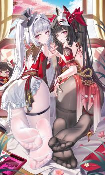 2girls absurdres ass bare_shoulders black_hat black_pantyhose brown_hair commentary_request cosplay dress from_behind full_body grey_hair hat highres holding_hands honkai:_star_rail honkai_(series) interlocked_fingers jndfh kneeling long_hair looking_at_viewer multiple_girls pantyhose red_dress revision soles sparkle_(honkai:_star_rail) sparkle_(honkai:_star_rail)_(cosplay) sparxie_(honkai:_star_rail) twintails white_pantyhose