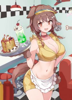 1girl :3 :d absurdres animal_ears animal_hands apron bar_stool bone-shaped_pupils bone_hair_ornament braid breasts brown_eyes brown_hair cartoon_bone character-themed_food cleavage collar cropped_shirt deen_(hnxp8555) dinner dog_ears dog_girl dog_tail doggy_god's_street food futo-inu gloves hair_ornament hand_on_own_hip hanging_light hashtag-only_commentary highres holding holding_tray hololive hoso-inu indoors inugami_korone large_breasts long_hair looking_at_viewer miniskirt navel official_alternate_costume open_mouth paw_gloves red_collar shirt skirt sleeveless sleeveless_shirt smile solo stomach stool symbol-shaped_pupils tail tray twin_braids virtual_youtuber waist_apron waitress yellow_shirt yellow_skirt