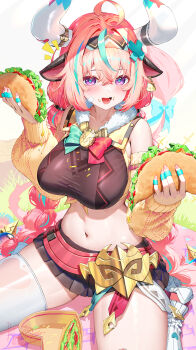 1girl animal_ears aqua_hair bandaid bandaid_on_horn bell bell_earrings braid breasts cow_ears cow_girl cow_horns cow_tail cowbell detached_sleeves ear_bell earrings food genshin_impact hair_between_eyes hairband highres holding holding_food horns jewelry kiramarukou large_breasts leg_warmers long_hair long_sleeves looking_at_viewer low_twin_braids multicolored_hair multicolored_hairband navel open_mouth pink_tail purple_eyes single_thighhigh sitting skindentation smile solo stomach streaked_hair taco tail thighhighs twin_braids varesa_(genshin_impact) wariza white_horns white_leg_warmers white_thighhighs yellow_sleeves