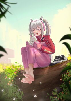 1girl absurdres alice_(nikke) animal_ears barefoot blurry blurry_foreground blush bodysuit cloud cloudy_sky commentary day depth_of_field english_commentary eyelashes fake_animal_ears feet full_body ghhoward gloves goddess_of_victory:_nikke grey_hair headphones headset highres holding legs legs_together multicolored_bodysuit open_mouth outdoors pink_bodysuit pink_eyes pink_gloves rabbit red_bodysuit shoes sitting sitting_on_branch skin_tight sky sneakers socks soles solo thighs toenails toes twintails two-tone_bodysuit unworn_shoes unworn_socks white_shoes