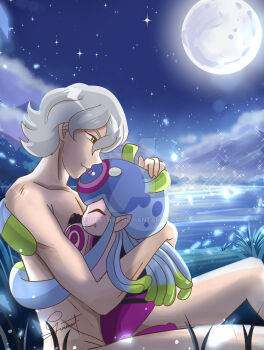 aged_up blue_eyes couple digimon digimon_(creature) digimon_ghost_game genenaeart higashimitarai_kiyoshiro hug jellyfish_girl jellymon monster_girl nude short_hair tentacle_hair tentacles white_hair