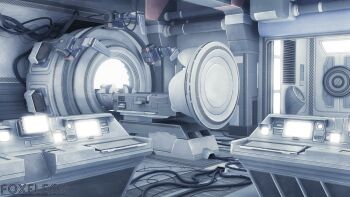 3d artist_name blender_(medium) cable commentary door english_commentary floor foxeleos grey_theme highres indoors monitor mri_scanner no_humans original photoshop_(medium) scenery screen_light tube ventilation_shaft wall wall_lamp watermark