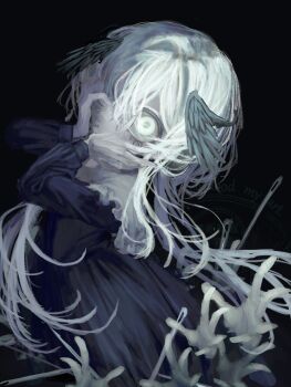 1girl black_background blue_dress colored_skin dress glowing glowing_eye grey_skin hair_between_eyes hands_on_own_cheeks hands_on_own_face hashtag-only_commentary highres long_hair needle original solo watermark white_eyes white_hair wings xo0_0ox1