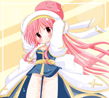 1girl 2000s_(style) :3 arch_bishop_(ragnarok_online) arms_up blue_dress blush closed_mouth commentary_request core cowboy_shot creature_on_head cross dress fishnet_thighhighs fishnets hat koba-p long_hair looking_at_viewer pink_hair poring ragnarok_online red_eyes sash shrug_(clothing) smile solo thighhighs white_hat white_shrug white_thighhighs yellow_sash