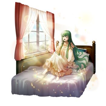 Rule 34 | 1girl, artist request, barefoot, bed, blush, covering own mouth, curtains, day, dress, eyelashes, frilled dress, frilled nightgown, frills, full body, game cg, green eyes, green hair, hand up, indoors, light particles, long hair, long sleeves, looking ahead, nightgown, official alternate costume, official alternate hairstyle, official art, on bed, one eye closed, open mouth, pillow, raised eyebrows, rishia ivyred, simple background, sitting, solo, sparkle, sunlight, tate no yuusha no nariagari, tate no yuusha no nariagari rerise, tearing up, transparent background, white dress, white nightgown, window, yawning