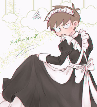 Rule 34 | 1boy, alternate costume, antenna hair, apron, black dress, black eyes, blush, bow, brown hair, clothes lift, cloud, commentary request, crossdressing, crossdressing (mtf), dress, edd (eddsworld), eddsworld, enmaided, from behind, heart, highres, long dress, looking at viewer, looking back, maid, maid day, maid headdress, male focus, male maid, mau (edd tom), short hair, simple background, skirt, skirt lift, solo, sweatdrop, translation request, uneven eyes, white apron, white background, white bow