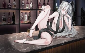 absurdres alcohol azur_lane bar_(place) barefoot blush bottle bracelet building chain collar commentary_request cup drinking_glass full_body hair_between_eyes hakuhou_(azur_lane) hand_on_own_face hand_on_own_leg highres jewelry long_hair looking_at_another lying navel night nipple_piercing on_back open_mouth piercing ra.in spotlight white_hair window wine_bottle yellow_eyes