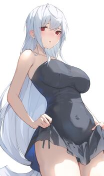 18_yen_coin 1girl absurdres arknights bare_arms bare_shoulders black_dress breasts clothes_lift dress dress_lift highres long_hair looking_at_viewer low-tied_long_hair panties red_eyes side-tie_panties simple_background skadi_(arknights) solo standing strapless strapless_dress underwear white_background white_hair
