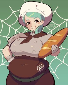 1girl artist_request ascot baguette belly black_skirt bread breasts brown_eyes chef chef_hat covered_navel drill_hair fat fat_woman food gloves green_background green_hair grey_gloves hand_on_own_hip hat holding_bread katy_(pokemon) licking_lips loaf_of_bread medium_breasts meloncondom mole mole_under_eye nintendo plump pokemon pokemon_scarlet_and_violet shirt side_drill skirt smile solo spider_web_background standing tongue tongue_out white_hat white_shirt