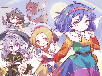 Rule 34 | 5girls, :d, @ @, ahoge, animal ears, arm bow, arm ribbon, armor, bag, belt, black hair, black shirt, black skirt, black wings, blonde hair, blue dress, blue eyes, blue hair, blue hat, blunt tresses, bow, breasts, brown bag, brown belt, cape, cloud print, coat, commentary request, crossed arms, day, dot nose, dress, feathered wings, fox ears, fox girl, fox tail, green ribbon, grey hair, grin, hair between eyes, hairband, hand up, hat, headpiece, highres, himemushi momoyo, holding, holding orb, holding shovel, iizunamaru megumu, jewelry, kudamaki tsukasa, long hair, long hair between eyes, long sleeves, looking at another, looking at viewer, magatama, magatama necklace, medium hair, multicolored dress, multicolored hairband, multiple girls, necklace, open mouth, orange bow, orange eyes, orange ribbon, orb, outline, patchwork clothes, patterned clothing, pauldrons, pointy ears, profile, puffy short sleeves, puffy sleeves, rainbow, rainbow gradient, rainbow hairband, rainbow order, red eyes, red vest, rekishitai hoonoji, ribbon, romper, sash, sharp teeth, shirt, short hair, short sleeves, shoulder armor, shoulder guard, shovel, single pauldron, skirt, sky print, sleeve ribbon, sleeveless, sleeveless coat, small breasts, smile, sun, surcoat, tail, tamatsukuri misumaru, teeth, tengu, tenkyuu chimata, tokin hat, touhou, two-sided cape, two-sided fabric, unconnected marketeers, v-shaped eyebrows, vest, waist sash, white cape, white outline, white romper, white shirt, wings, yellow skirt, yin yang, yin yang orb
