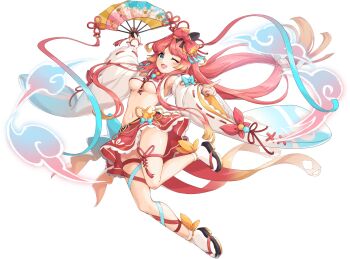 1girl artist_request bare_shoulders bow breasts full_body game_cg green_eyes hair_bow hand_fan highres holding holding_fan legend_clover long_hair navel official_art one_eye_closed panties panty_peek pink_bow pink_hair pointing shizuka_gozen_(legend_clover) solo third-party_source transparent_background underboob underwear very_long_hair white_panties