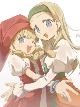 2girls arm_around_waist bangle bead_necklace beads blonde_hair blue_eyes blunt_bangs bracelet braid dragon_quest dragon_quest_xi dress earrings green_dress green_hairband hair_between_eyes hair_tubes hairband hat highres hug jewelry juliet_sleeves light_blush long_hair long_sleeves magainu multiple_girls necklace one_eye_closed open_mouth phrygian_cap puffy_short_sleeves puffy_sleeves red_dress red_hat senya_(dq11) shirt shirt_under_dress short_sleeves siblings sisters smile teeth twin_braids upper_body upper_teeth_only veronica_(dq11) white_background white_shirt