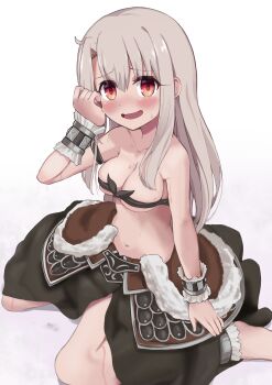 1girl absurdres bandeau bare_shoulders blush breasts cleavage cosplay fate/kaleid_liner_prisma_illya fate_(series) fur_trim heracles_(fate) heracles_(fate)_(cosplay) highres illyasviel_von_einzbern illyasviel_von_einzbern_(berserker_install) kebab_(blackdoll) long_hair looking_at_viewer navel open_mouth red_eyes sidelocks sitting small_breasts smile solo waist_cape white_hair wrist_cuffs