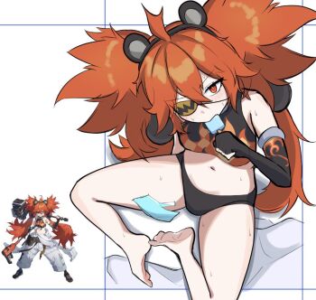 1girl ahoge animal_ears bare_legs bare_shoulders barefoot black_gloves black_panties commentary_request crop_top eyepatch fake_animal_ears feet fingerless_gloves food food_in_mouth from_above gloves hair_between_eyes hair_ornament holding holding_food holding_popsicle houton_tamago koleda_belobog long_hair looking_at_viewer navel panties popsicle popsicle_in_mouth red_eyes red_hair sitting soles solo sphere_hair_ornament sweat toes twintails underwear zenless_zone_zero