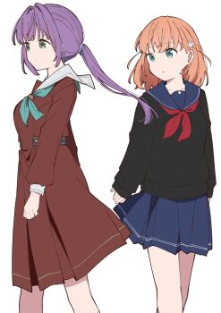 2girls aqua_eyes aqua_neckerchief black_sweater blue_sailor_collar blue_skirt breasts brown_dress cerise_bouquet dress feet_out_of_frame floating_hair green_eyes hair_intakes hair_ornament hasu_no_sora_school_uniform highres hinoshita_kaho link!_like!_love_live! liz_(piyoko_piyop) long_sleeves looking_at_another love_live! low_ponytail medium_breasts medium_dress medium_hair miniskirt multiple_girls neckerchief official_alternate_hairstyle orange_hair otomune_kozue parted_lips pleated_dress pleated_skirt ponytail purple_hair rabbit_hair_ornament red_neckerchief sailor_collar sailor_dress school_uniform serafuku sidelocks simple_background skirt sleeves_past_wrists sweater two_side_up virtual_youtuber walking white_background white_sailor_collar winter_uniform