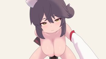 1boy 1girl animal_ears animated bar_censor black_hair blue_archive bouncing_breasts breasts censored closed_mouth cowgirl_position detached_sleeves girl_on_top hair_between_eyes hair_bun hetero inverted_nipples kaede_(blue_archive) large_breasts loli looking_at_viewer medium_hair nipples nude oppai_loli pov robin7go sex simple_background single_side_bun smile solo_focus stomach_bulge straddling tagme vaginal video white_background yellow_eyes