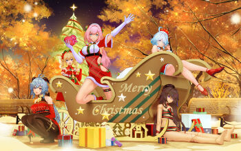 5girls ahoge barbara_(genshin_impact) barefoot bench black_pantyhose blonde_hair blue_eyes box breasts brown_hair chinese_commentary christmas christmas_present clothing_cutout commentary_request crown dated_commentary doll_joints dress elysia_(honkai_impact) feet furina_(genshin_impact) ganyu_(genshin_impact) genshin_impact gift gift_box goat_horns heart-shaped_box herta_(honkai:_star_rail) herta_(puppet)_(honkai:_star_rail) highres holding holding_box honkai:_star_rail honkai_(series) honkai_impact_3rd horns joints medium_breasts merry_christmas mihoyo multiple_girls naked_ribbon pantyhose red_dress ribbon santa_claus santa_costume santa_dress side_cutout sled small_breasts smile squatting toes tree twintails yuan_(xp1447998769)