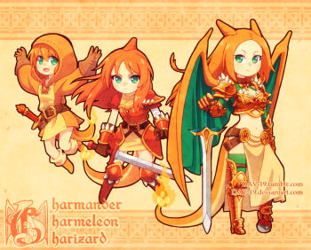 3girls bandaged_arm bandages beanie beige_background belt breasts brown_gloves buckle character_name charizard charmander charmeleon child cleavage closed_mouth dav-19 evolution evolutionary_line eyelashes fiery_tail fighting_stance fire flame-tipped_tail flat_chest gauntlets gen_1_pokemon gloves green_eyes hair_between_eyes happy hat holding holding_sword holding_weapon horns jumping long_hair long_sleeves looking_at_viewer midriff multiple_girls navel nintendo orange_hair parted_bangs personification poke_ball poke_ball_(basic) pokemon serious shoes short_sleeves shoulder_blades single_horn small_breasts spikes standing sword tail watermark weapon web_address