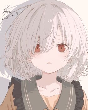 1girl absurdres alternate_hair_color collared_shirt commentary_request dated frilled_shirt_collar frills grey_hair highres iris-san komeiji_koishi looking_at_viewer medium_hair open_mouth portrait red_eyes shadow shirt signature solo touhou white_background yellow_shirt