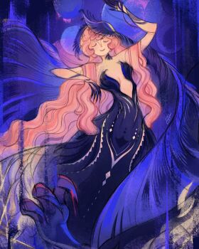 Rule 34 | 1girl, absurdres, arm up, bare arms, bare shoulders, black dress, black hands, black veil, blue background, blue veil, breasts, centauroid, chimera, closed eyes, closed mouth, colored extremities, commentary, dress, english commentary, facing viewer, hands up, highres, idiascheden010, long hair, medium breasts, monster girl, nautika (reverse:1999), no bra, pink hair, plunging neckline, reverse:1999, smile, solo, strapless, strapless dress, talons, taur, two-tone veil, upper body, veil, very long hair