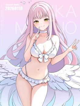 1girl angel_wings aqua_hair bare_arms bare_shoulders bikini blue_archive blush breasts character_name choker cleavage closed_mouth collarbone commentary_request crossed_arms feathered_wings full_body gradient_hair halo hanako_(peanut) high_heel_sandals high_heels highres long_hair low_wings medium_breasts mika_(blue_archive) mika_(swimsuit)_(blue_archive) multicolored_hair navel official_alternate_costume official_alternate_hairstyle pink_hair pink_halo pout sandals solo stomach swimsuit thighs white_bikini white_choker wing_ornament wings yellow_eyes