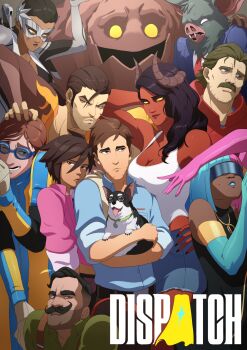 4girls 6+boys absurdres arm_up asymmetrical_gloves beef_(dispatch) belt black_hair blue_eyes blue_gloves blue_hair blue_lips bodysuit breasts brown_eyes brown_hair cleavage colored_skin commentary copyright_name coupe_(dispatch) dark-skinned_female dark_skin demon dispatch dog dress_shirt earrings elbow_gloves face_piercing facial_hair fangs flambae_(dispatch) formal_clothes gloves goggles golem_(dispatch) highres indoors invisigal_(dispatch) jewelry leotard long_hair looking_at_viewer makeup malevola_(dispatch) medium_breasts medium_hair miconomicon mismatched_gloves missing_tooth multiple_boys multiple_girls mustache necktie nose_piercing nose_ring open_mouth orange_eyes phenomaman_(dispatch) piercing pink_gloves pink_hair prism_(dispatch) punch_up_(dispatch) red_necktie red_skin robert_robertson runny_makeup shirt short_hair sleeveless sonar_(dispatch) stubble suit waterboy_(dispatch) white_leotard yellow_eyes