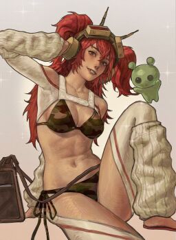 1girl absurdres alien antennae bikini breasts camouflage camouflage_bikini cleavage cowboy_shot goggles goggles_on_head green_bikini grey_background grin hair_between_eyes headphones highres light_blush long_hair mechanical_antennae medium_breasts missing_tooth original red_hair revealing_clothes shipian smile solo swimsuit truck_(nifast_(greentail)) two_side_up white_sleeves