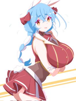 Rule 34 | 1girl, alternate costume, animal ears, arms under breasts, blue hair, braid, breasts, cosplay, cropped jacket, erikuukun, hair ribbon, highres, hololive, houshou marine, houshou marine (1st costume), houshou marine (cosplay), jacket, large breasts, leotard, leotard under clothes, looking at viewer, mature female, multicolored hair, open mouth, orange eyes, pekomama, rabbit ears, rabbit girl, red jacket, red ribbon, red skirt, ribbon, skirt, sleeveless, sleeveless jacket, twin braids, two-tone hair, virtual youtuber, white hair