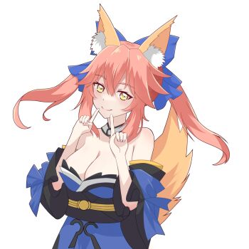 1girl absurdres animal_ear_fluff animal_ears bare_shoulders blue_kimono blue_ribbon blush bow breasts cleavage detached_sleeves fate/grand_order fate_(series) fox_ears fox_girl fox_tail hair_bow hair_ribbon highres japanese_clothes jin_yan_bu_shi_shou kimono large_breasts long_hair long_sleeves looking_at_viewer nail_polish obi off_shoulder pink_hair ribbon sash simple_background smile solo split_ponytail tail tamamo_(fate) tamamo_no_mae_(fate) upper_body white_background wide_sleeves yellow_eyes